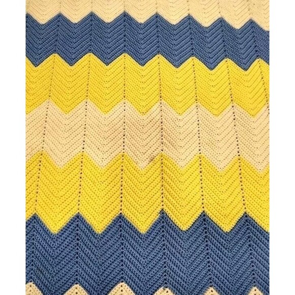 Handmade Vintage Afghan Chevron Crochet Blanket Throw Yellow, Blue 60" X 33" - Picture 5 of 6